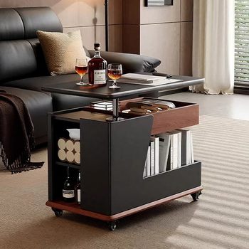 Mingzheng Furniture Factory Solid Wood Mobile Trolley Coffee Table Can Be Used in Small Apartments and Can Be Lifted and Lowered for Living Room Home Sofa Side Cabinet