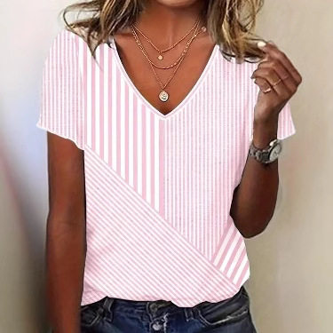 Womens Summer V Neck Short Sleeve Striped Top Trendy Floral Print Versatile Casual Wear Wholesale Available