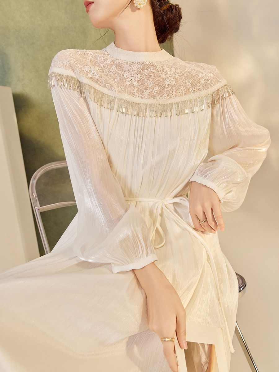 Đầm dài tay ren tua rua dáng xòe thanh lịch — Trắng lụa tuyết (giao hàng trong ngày), Trắng tuyết satin (giao hàng trong 7 ngày)