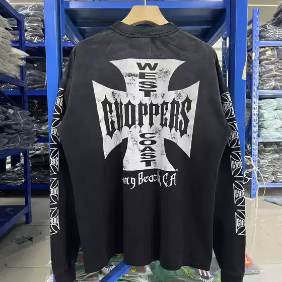 West Coast American Street Style West Coast Washed Distressed Cross Print Loose Casual Long-Sleeved T-Shirt Trendy