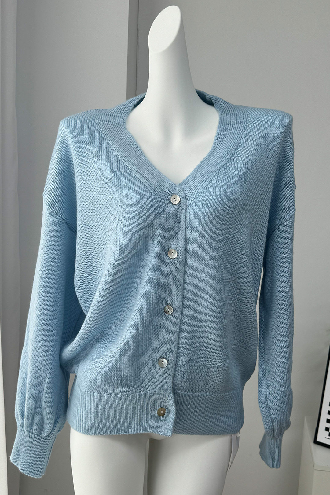 Soft Mohair V Neck Cardigan Hollow Out Design Lantern Sleeves Chic Style Perfect for Autumn Wholesale Available