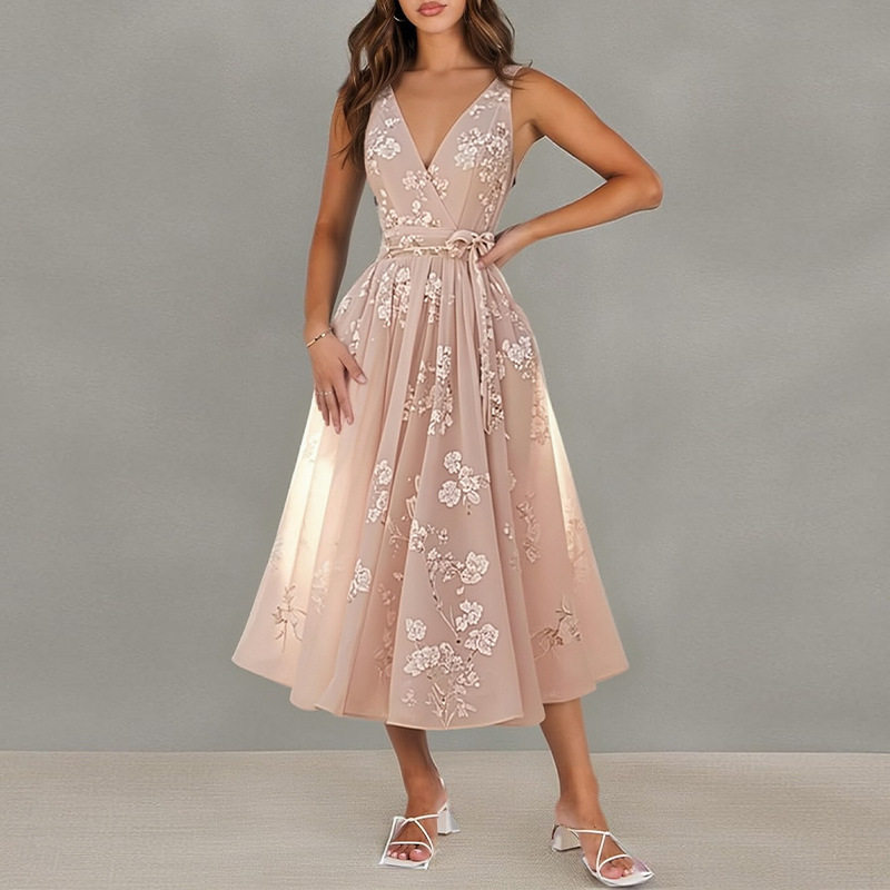 Elegant Floral Print Waist Tie Dress Spring Collection Womens Fashion Comfortable Fit Wholesale Available