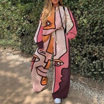 2025 European and American New Export Cross-Border Women's Casual Round Neck Loose Printed Basic Women's Sweatshirt Suit Autumn