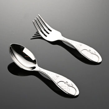 Creative Star and Moon 316 Stainless Steel Children's Food Spoon and Fork Set, Household Cake Spoon, Baby Store Tableware Gift with Embossing