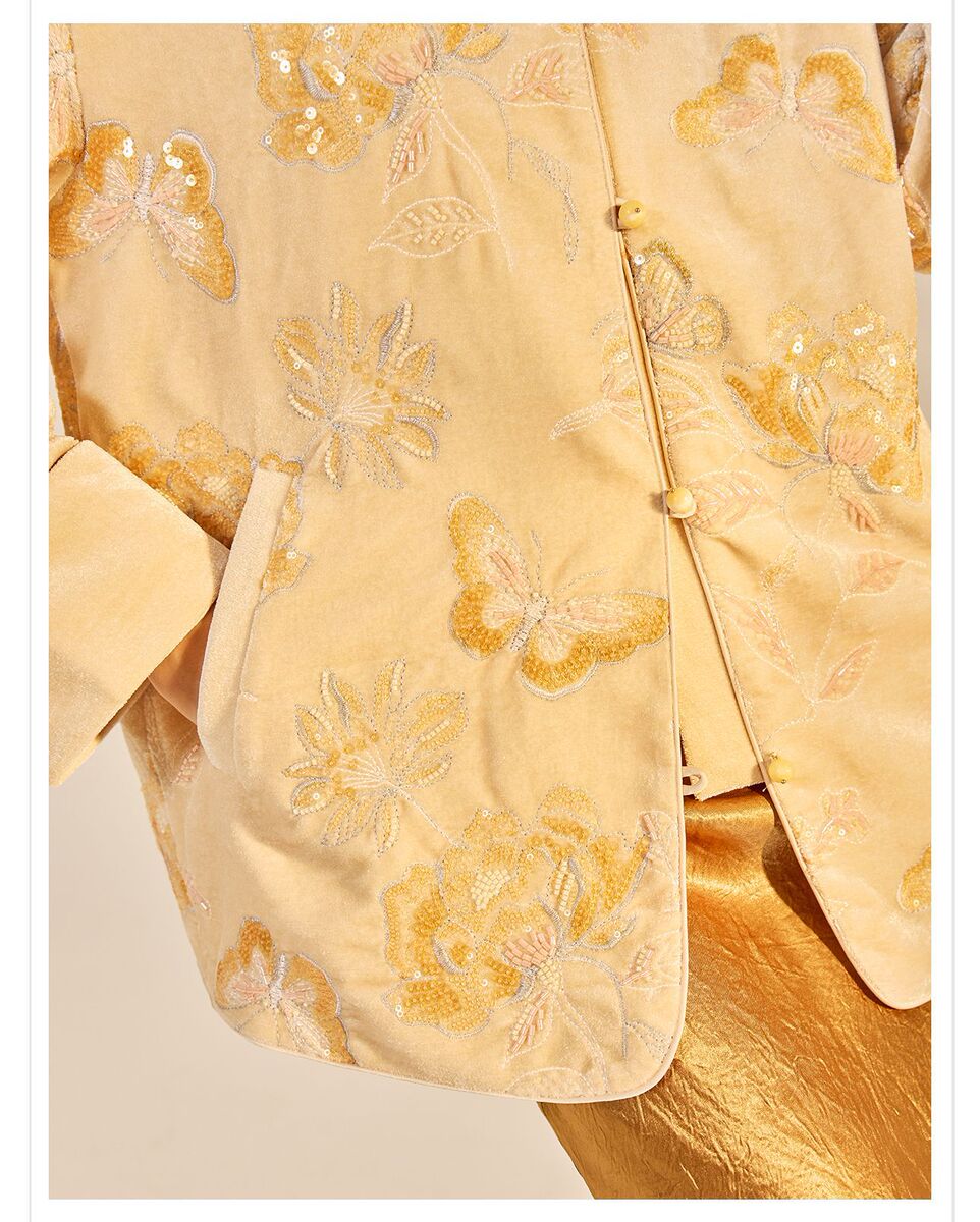Áo khoác nữ cổ đứng dài tay thêu hoa đính kim sa phong cách retro — Màu cam mơ (giao hàng trong 7 ngày), Màu cam mơ (giao hàng trong ngày)