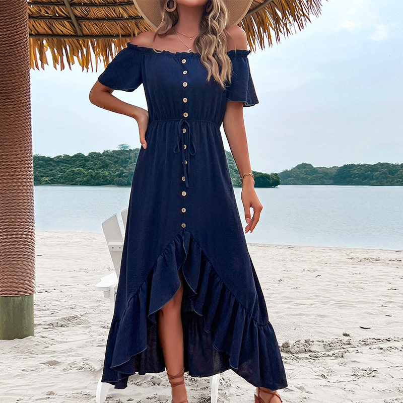 Off Shoulder Irregular Hem Dress Solid Color Summer Vacation Style Lightweight Fabric Wholesale Available