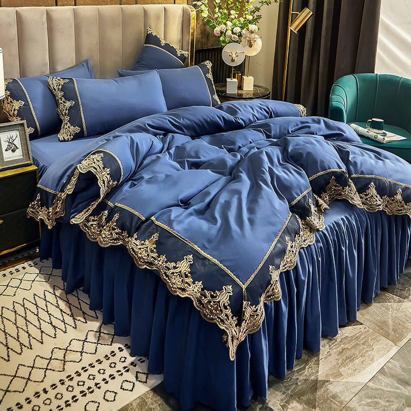 European-Style Lace Bed Skirt Four-Piece Set, Trendy Ins Thickened Brushed Korean-Style Duvet Cover and Bed Skirt Three-Piece Set