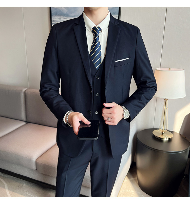Bộ vest nam ôm dáng ba món phong cách công sở và dự tiệc cưới — Màu xám (áo một nút + áo vest + quần), Màu xanh navy (áo một nút + vest + quần), Màu xám (áo một nút + quần), Màu xám (áo đơn một nút)
