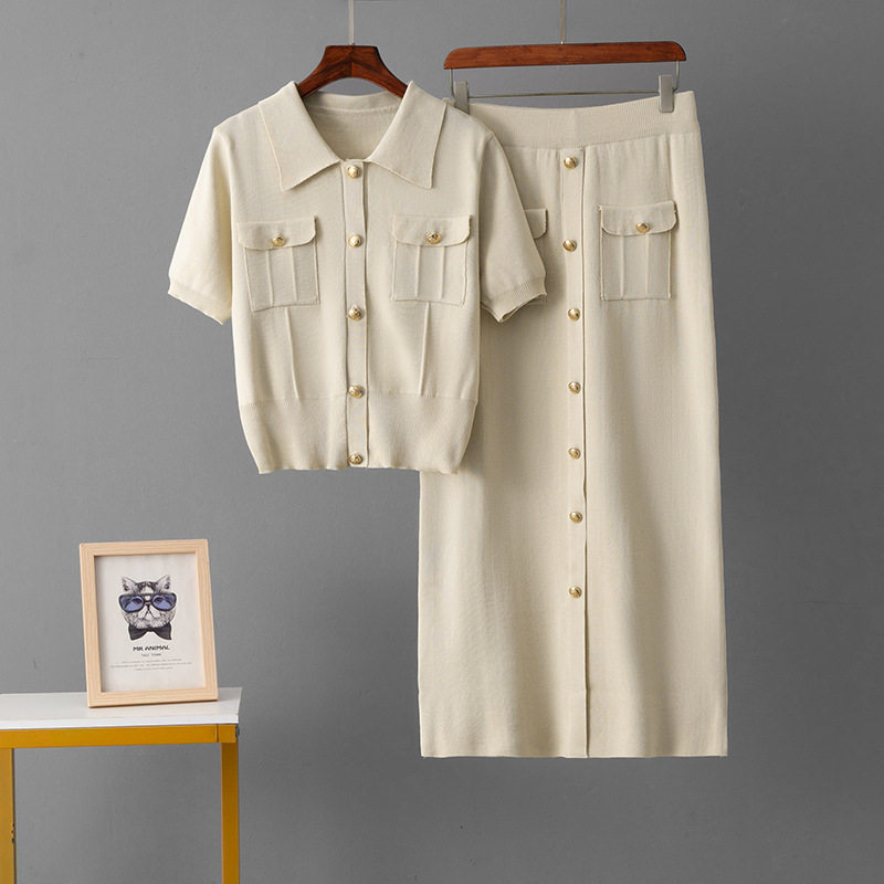 Spring and Summer French High-End Knitted Suit Fashionable Polo Collar Buttons + Slim Mid-Length Skirt Two-Piece Set for Women
