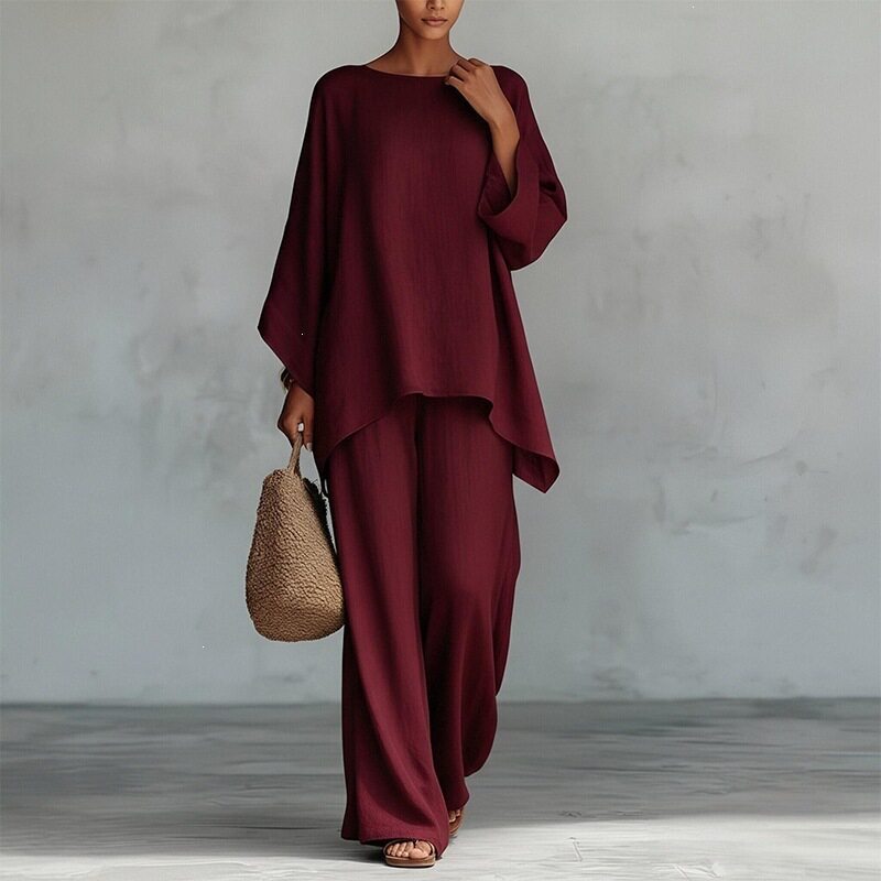 Spring Womens Fashion Set Loose Fit Solid Color Batwing Sleeve Wide Leg Pants Casual Wear Wholesale Available