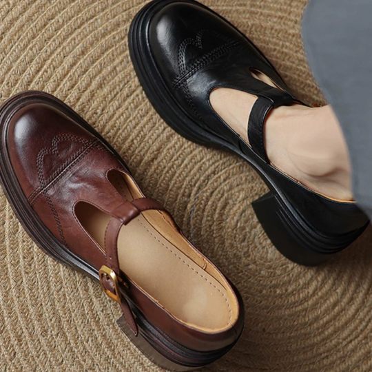 Wash the skin! Giant Comfortable ~ Soft Leather Single-layer Shoes Women's Thick Heel Thick-soled Mary Jane Shoes Small Leather Shoes French High Heels