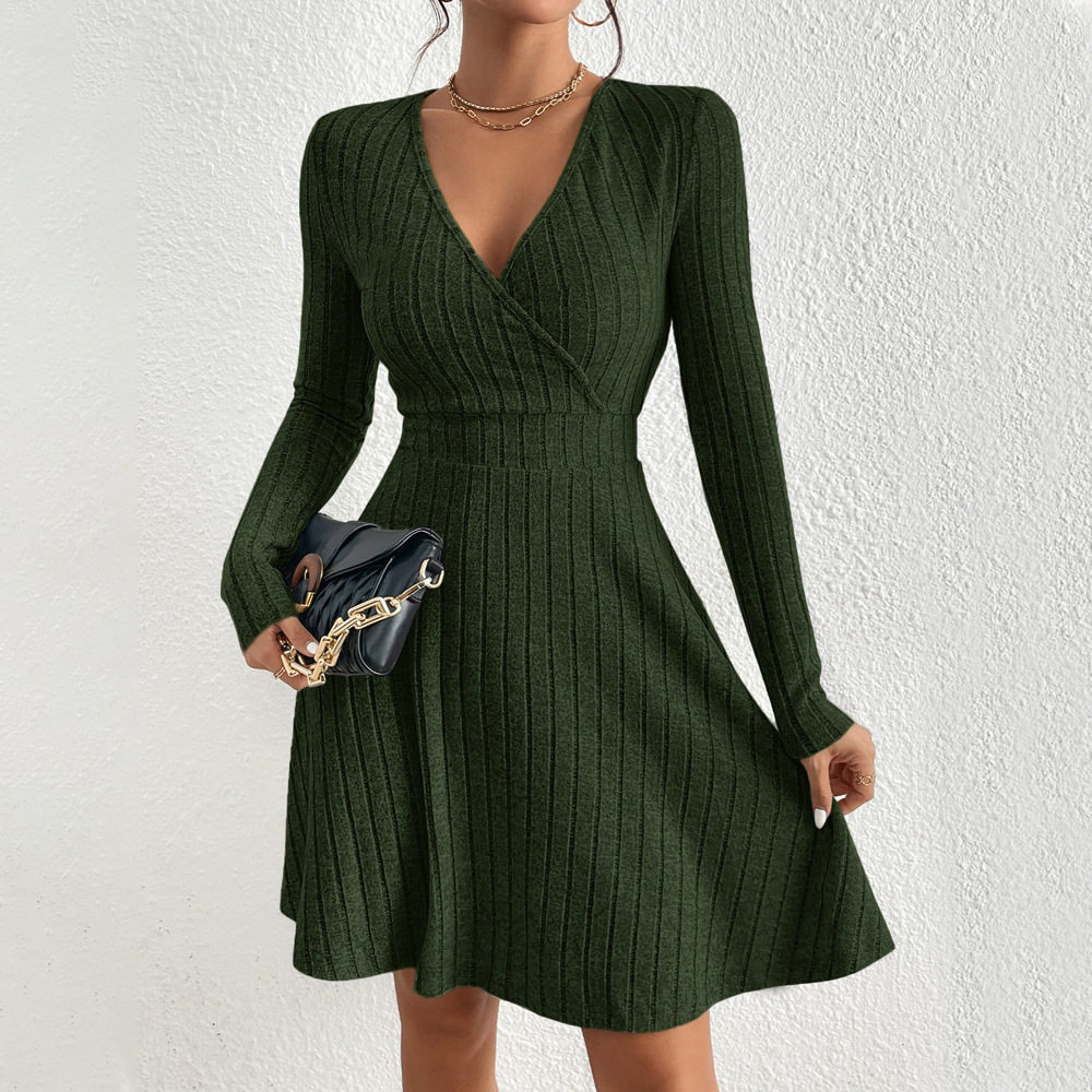 Womens Long Sleeve V Neck Dress Slim Fit Soft Corduroy Fabric Elegant Design Perfect for Parties or Casual Outings