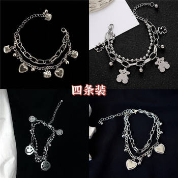 European and American ins cold style girl dark alloy double-layer bear bracelet love heart cross pendant bracelet