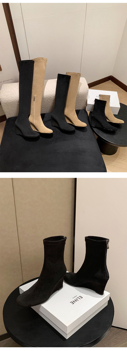 Boot nữ cổ thấp ôm chân gót xuồng 8cm khóa kéo sau — Lớp lót đơn màu đen, Lớp lót đơn màu kaki, Lót nhung đen, Lót nhung màu kaki
