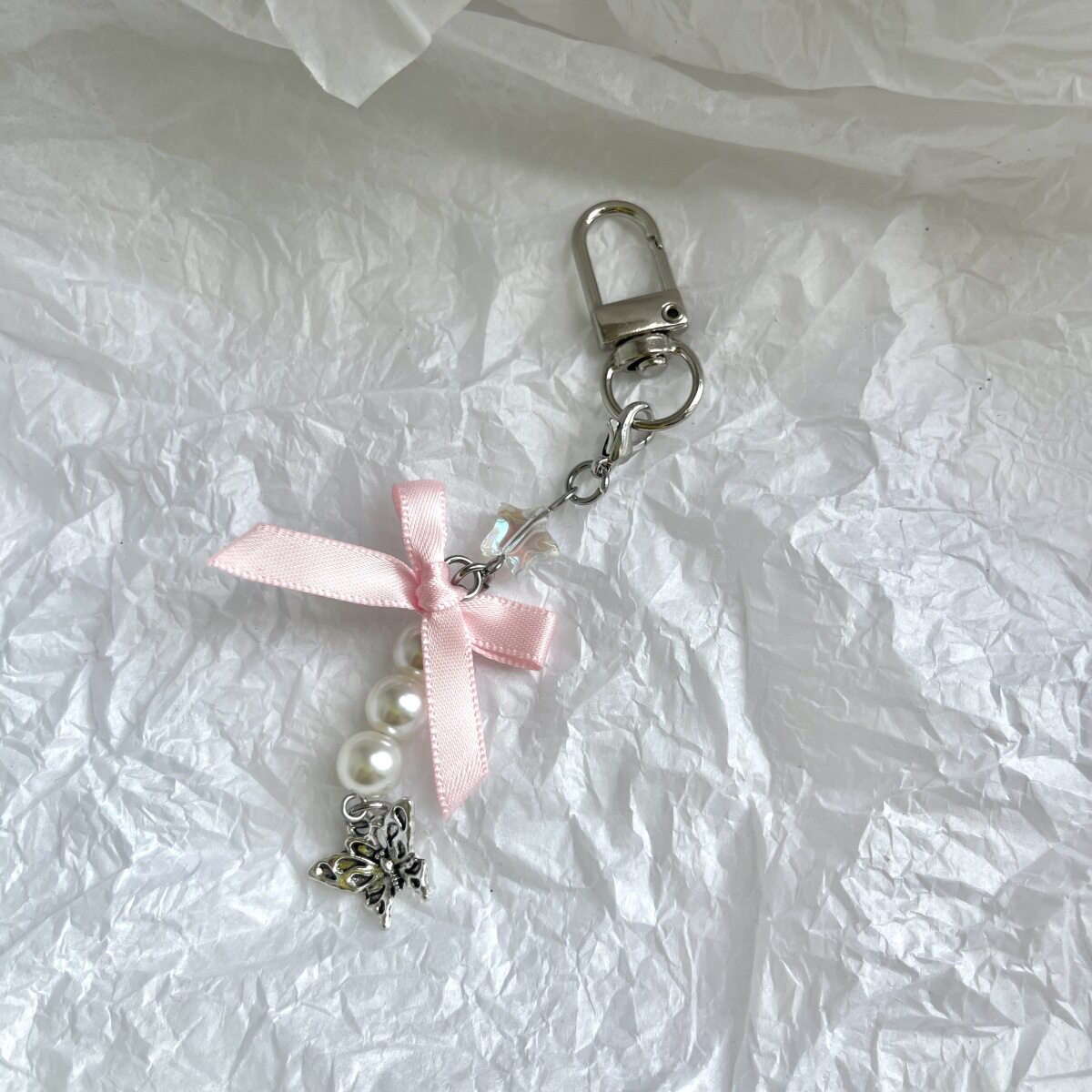 Original Pink Bow Beaded Phone Strap Bag Chain Keychain Cute Handmade Beaded Hanging