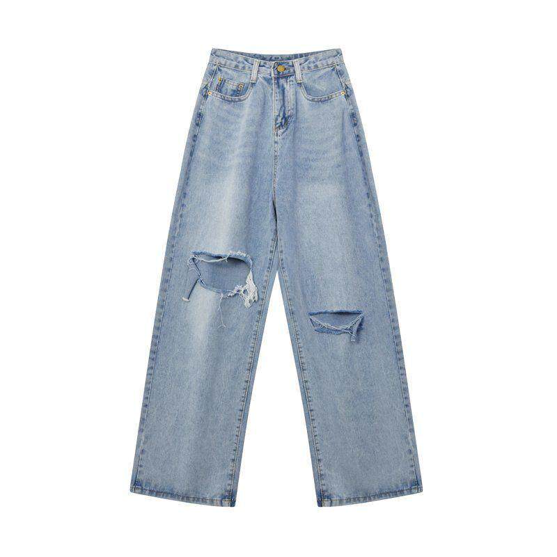 Knee Ripped Wide Leg Jeans for Women Loose Fit High Waist Casual Style Spring Summer Fashion Wholesale Available
