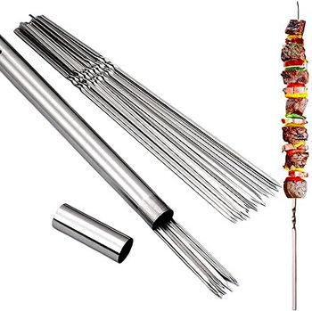 BBQ tools suit barbecue stick stainless steel flat barbecue stick suit household barbecue needle grilled meat skewers with barbecue stick holder
