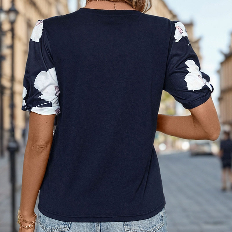 Casual Summer T Shirt Puff Sleeve Round Neck Printed Design Versatile Everyday Wear Wholesale Available