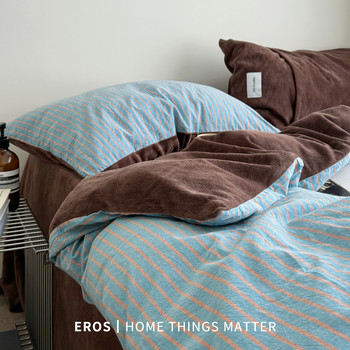 Pure Cotton a Cotton B Velvet Yarn-Dyed Washed Cotton Milk Velvet Four-Piece Set Thickeneded Blogger Style Ins Autumn and Winter Coral Velvet Quilt Cover 3