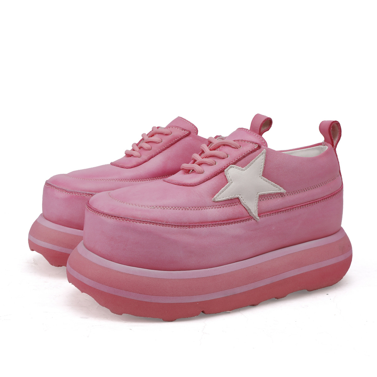 Giày sneaker nữ đế dày cổ thấp mũi tròn dây buộc — Màu hồng, Màu kaki