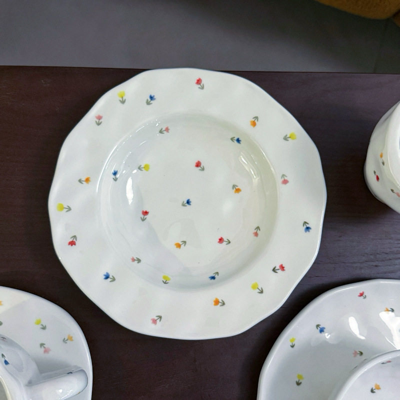Korean Style Ins Style Hand-painted Color Tulip Ceramic Plate Hand-kneading Bowl High Color Value Coffee Cup and Saucer Oval Plate