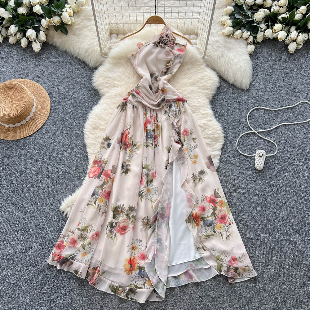 Floral Print Asymmetrical Neckline Dress 3D Flower Design Waist Defining Elegant Split Hem Perfect for Summer Events