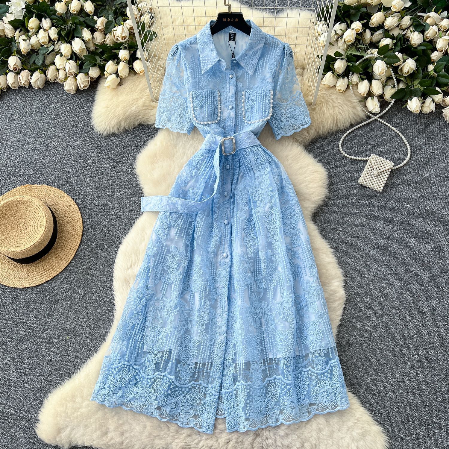 French Style Elegant Beaded Pocket Short Sleeve Dress Fitted Waist Floral Embroidery Mesh Fabric Evening Wear