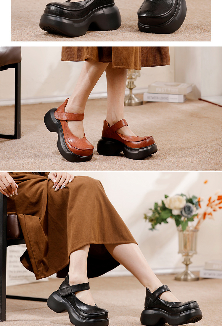 Giày cao gót nữ quai ngang một chữ đế xuồng, da bò cổ thấp — màu đen, Màu nâu