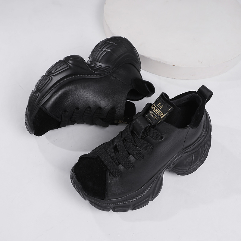 Giày sneaker nữ đế dày da bò thật phối dây buộc phong cách thể thao — Màu đen, Màu nâu đậm