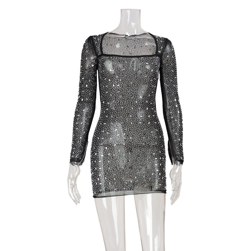 Elegant Square Neck Long Sleeve Dress with Rhinestones High Waist Chic Style Perfect for Parties and Events Wholesale