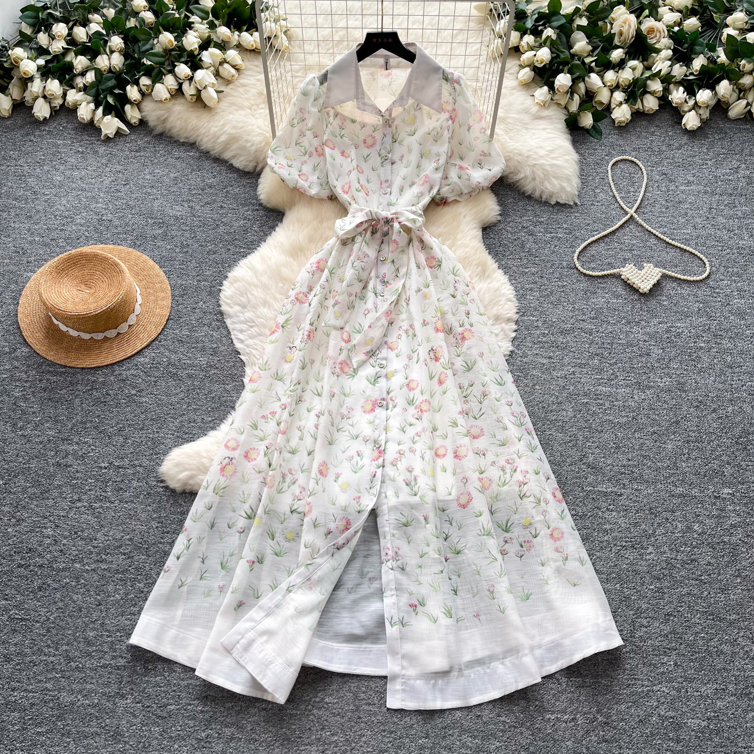 French Style Floral Print Dress for Women Short Sleeve Tie Waist A Line Silhouette Elegant Summer Occasion