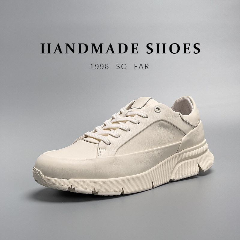Giày sneaker nam da thật màu trắng phong cách Hàn Quốc, đế độn cao, dễ phối đồ — Màu trắng (tỷ lệ chất lượng trên 1000)