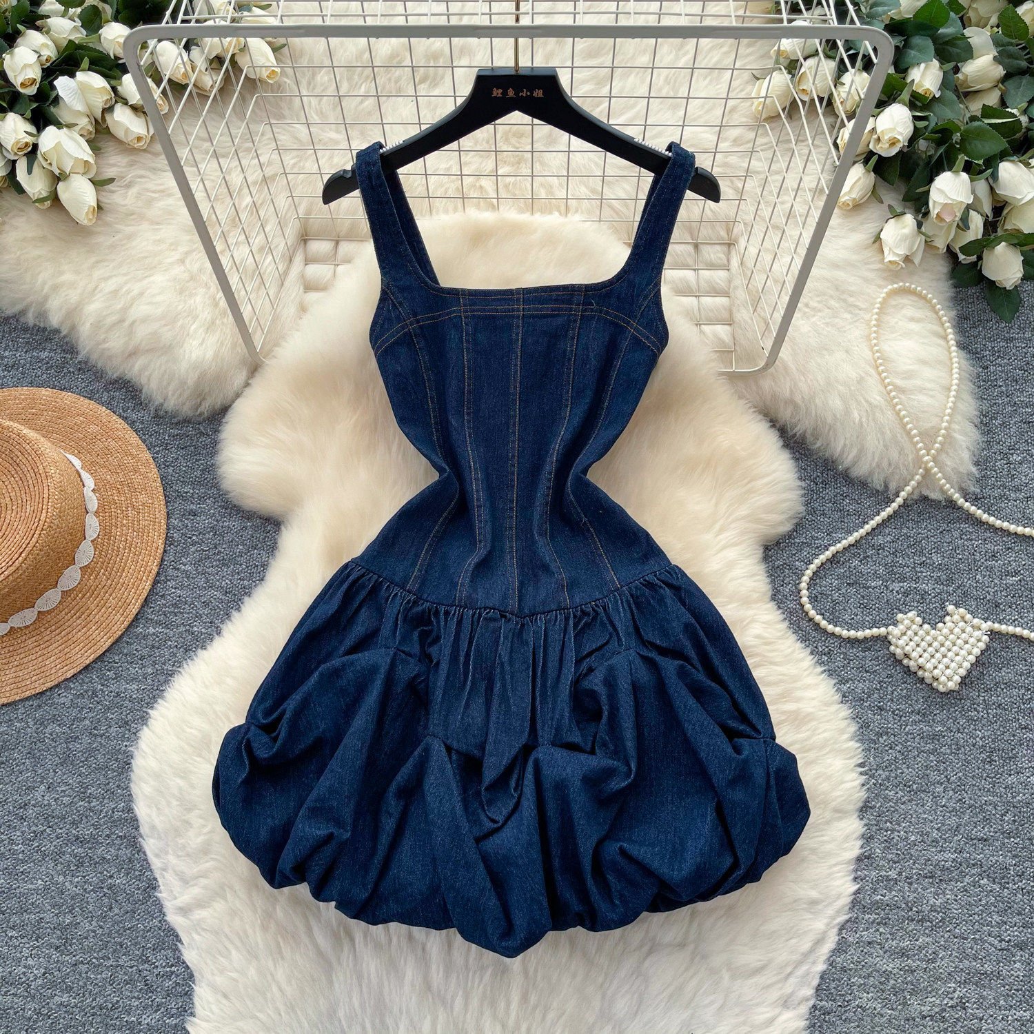 Summer Womens Denim A Line Dress with Sleeveless Design and Waist Cinching Fit in Blue Available in Multiple Sizes Wholesale