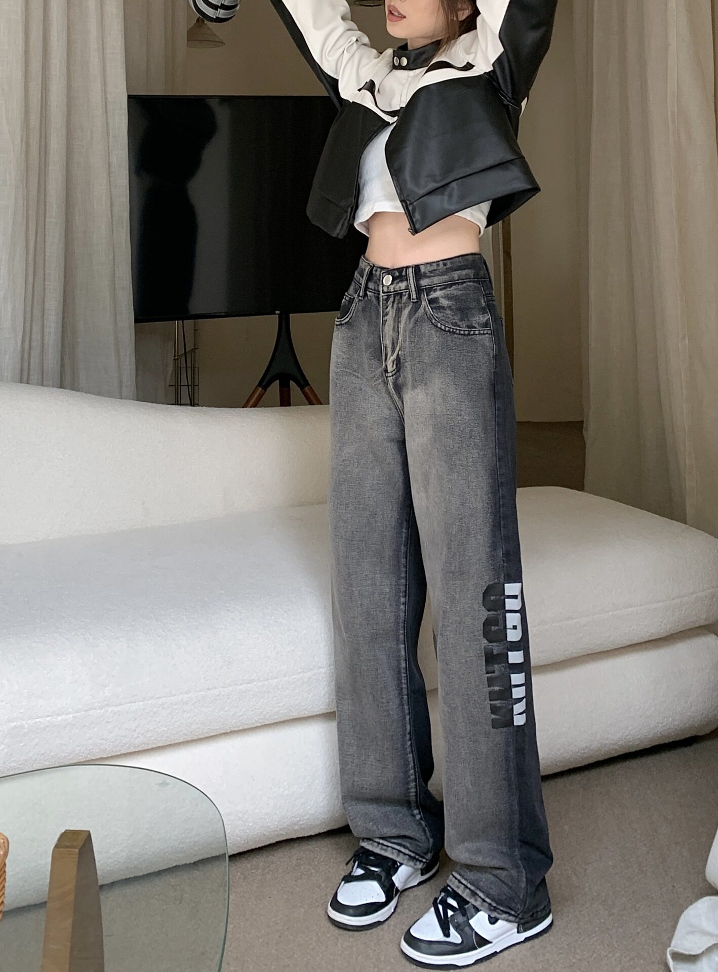 Color Block Gradient Womens Jeans High Waist Loose Fit Wide Leg Vintage Style Spring and Autumn Fashion