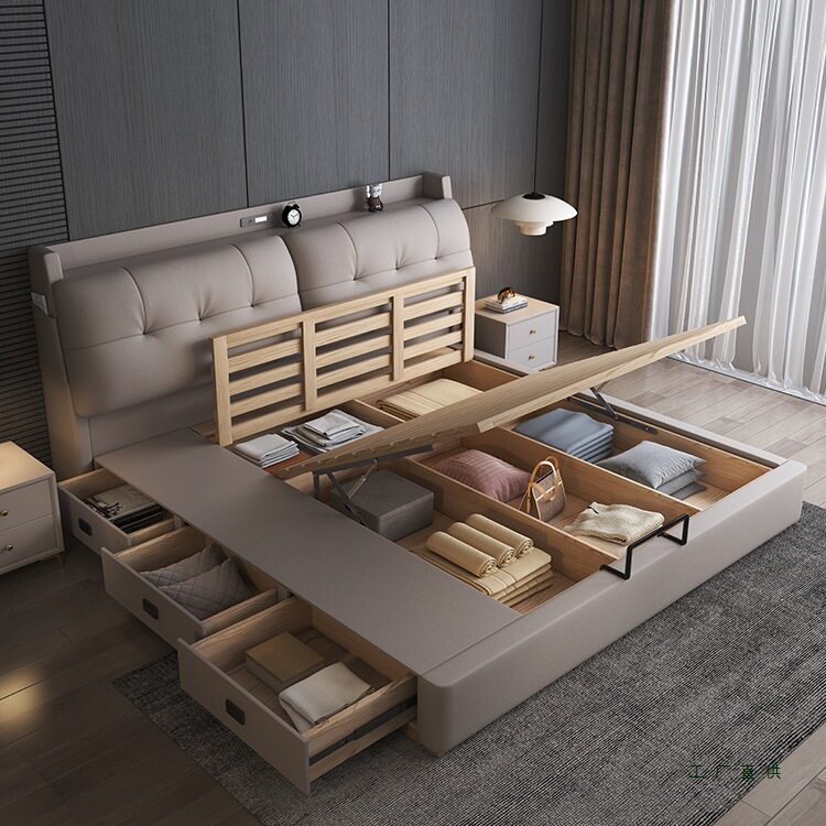 Leather Bed Modern Minimalist Master Bedroom with Drawers 1.8m Double Bed Multi-Functional Storage Wedding Bed Soft Leather Bed