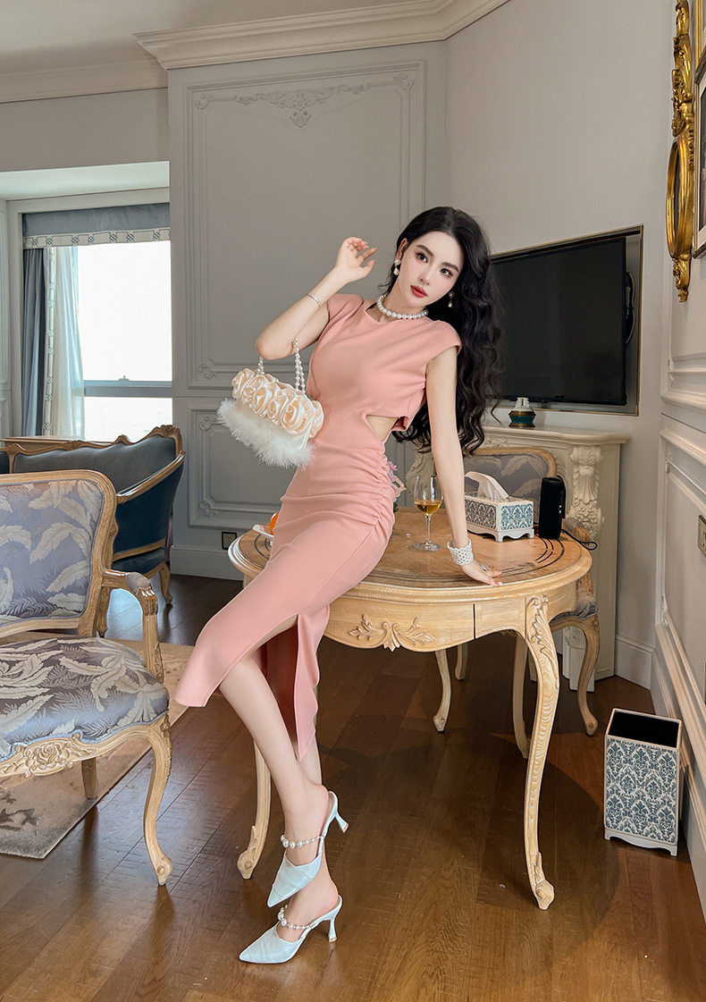 Đầm ôm body nữ cổ tròn tay ngắn dáng midi cao eo — [Hồng], [Đen] chi tiết 19