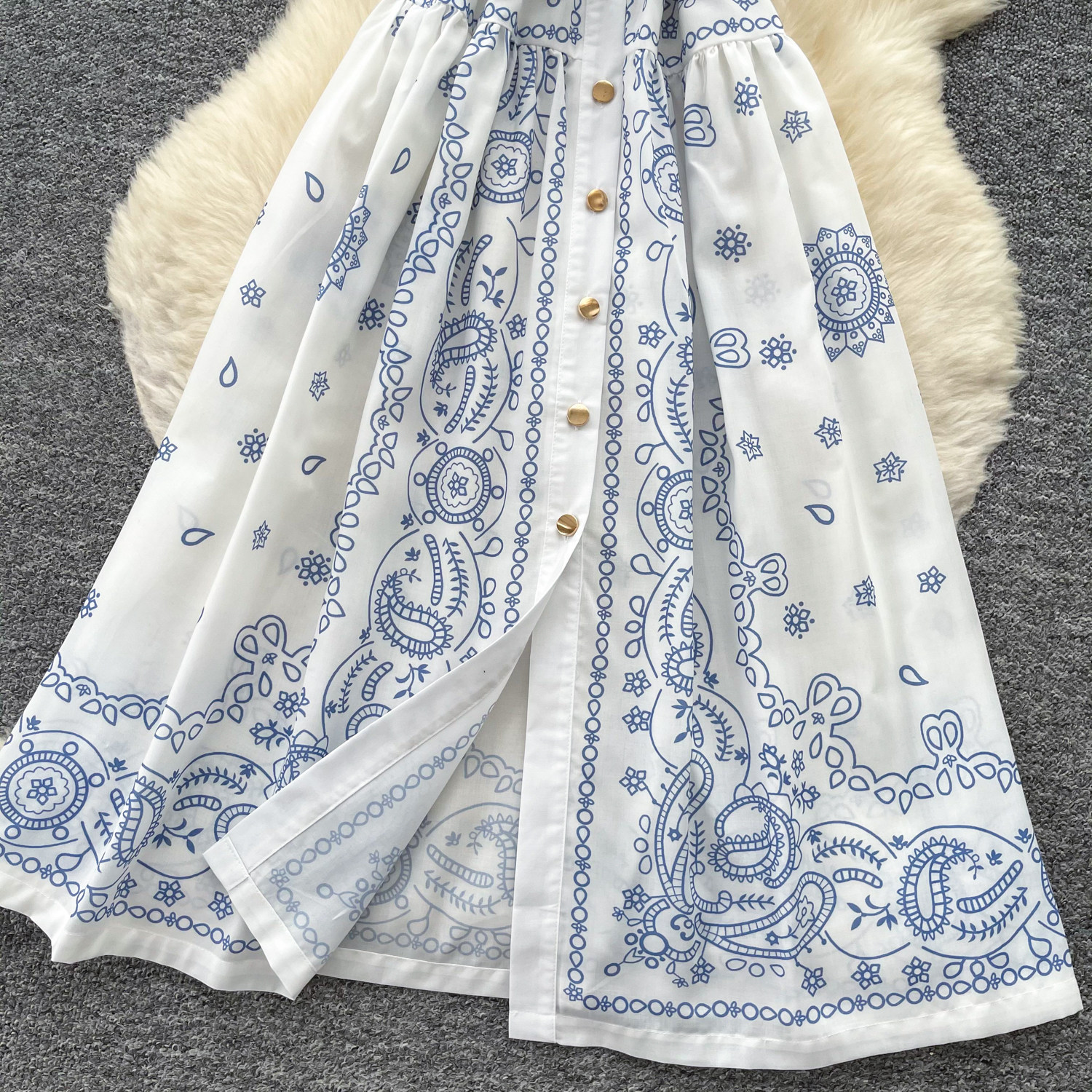Geometric Print Shirt Dress French Vacation Style Sleeveless Waist Defined Elegant Long Dress Summer Wear