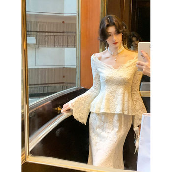 Palace-Style French Collar White Floral Lace Bell-Sleeve Top and Slim-Fit Fishtail Long Skirt Two-Piece Set for Women
