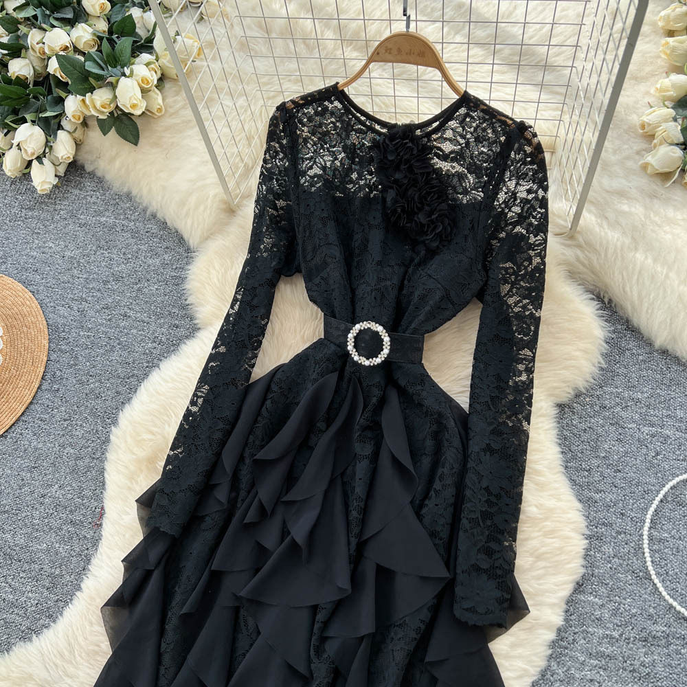 Elegant Long Sleeve Lace Dress with 3D Floral Design and Ruffle Trim Chic and Luxurious Evening Gown for Special Occasions