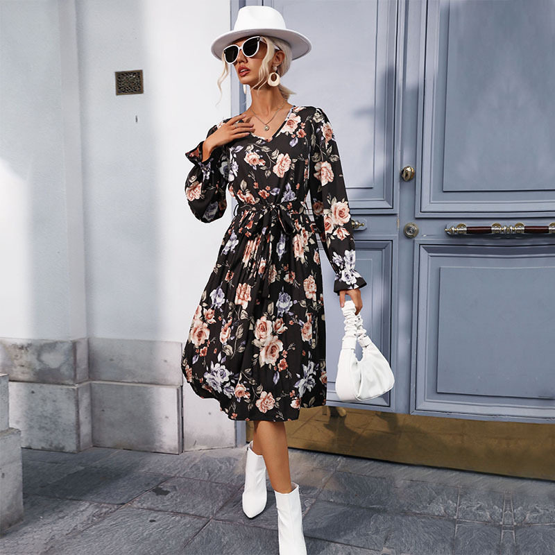 Printed Long Sleeve Dress Pleated Design Mid Length Fashionable for Women Perfect for Casual or Formal Occasions