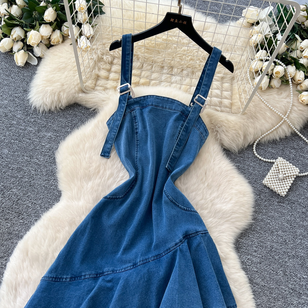 Korean Style Denim Ruffle Hem Maxi Dress Irregular Fish Tail Design Slim Fit Summer Fashion Wholesale Available