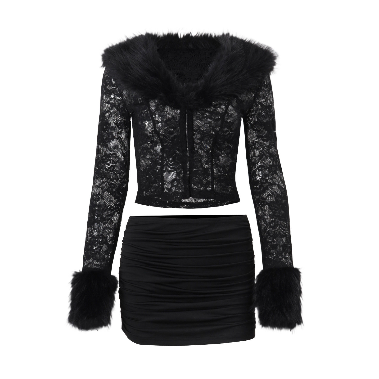 Lace Plush Long Sleeve Top and Sexy Mini Skirt Set Fashionable Street Style Autumn Winter Wholesale Available