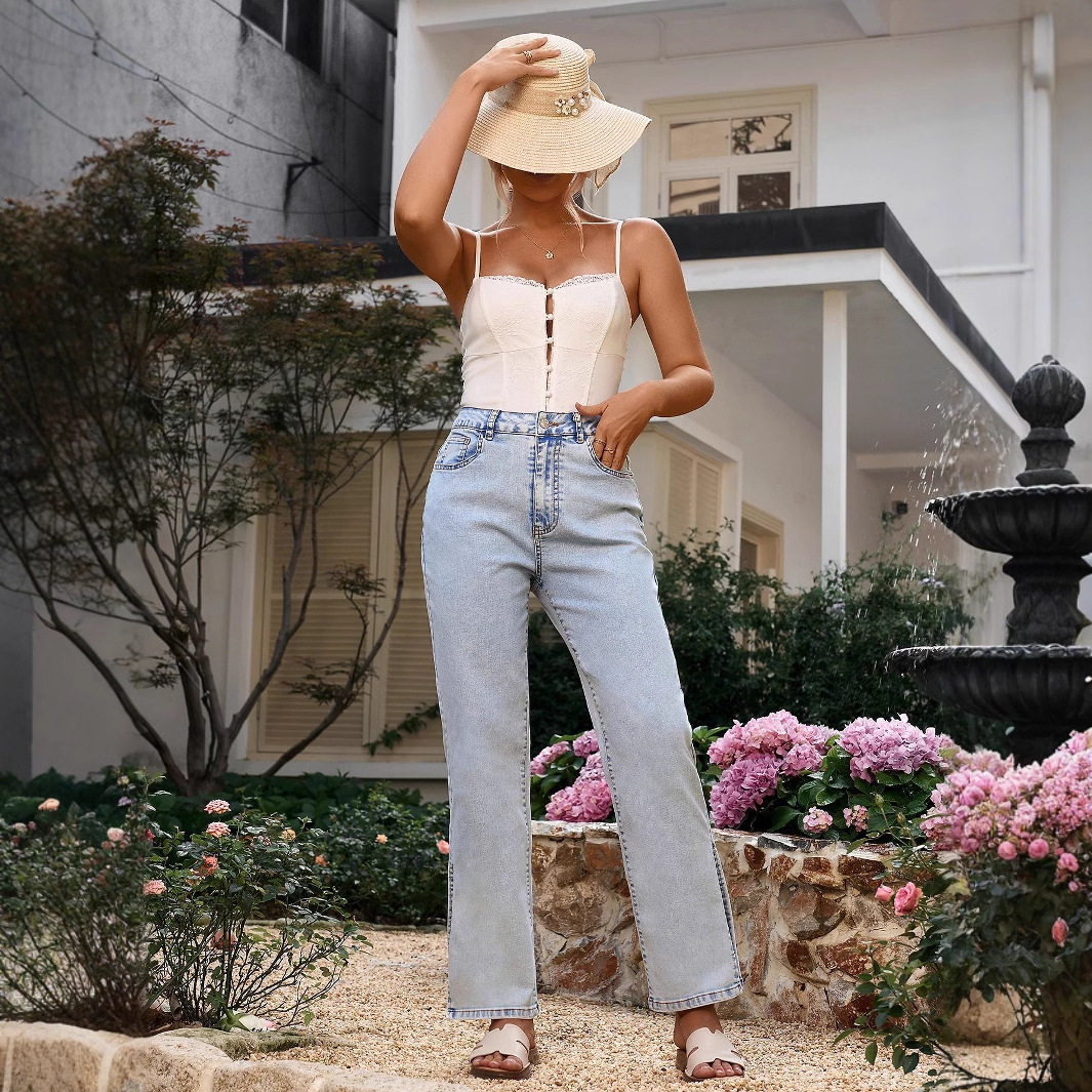Casual Straight Leg Denim Jeans High Split Design European and American Style Comfortable Fit Wholesale Available