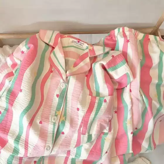 Dopamine Striped Pajamas Women's Spring and Autumn Summer Cloud Cotton Long-sleeved Trousers suit Girl's Cute Casual Home Clothes