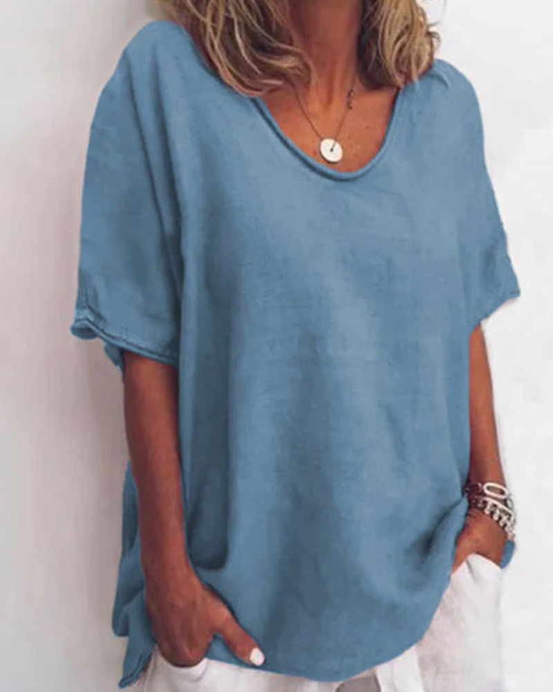 Womens Casual Loose Fit T Shirt Solid Color V Neck Short Sleeve Summer Style Wholesale Available