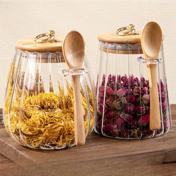 Vertical Bamboo Wood Lid with Spoon Glass Storage Jar Heat-Resistant Thickeneded Kitchen Coffee Bean Tea Coarse Grain Storage Utensils
