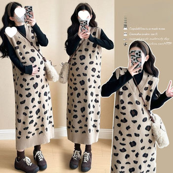 Maternity Suit Autumn and Winter Korean Style Fashionable Leopard Print V-Neck Design Elegant Slimming Look Age-Reducing Vest Skirt Bottoming Wholesale