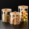 High borosilicate round glass sealed jar seasoning box storage jar coffee beans kitchen supplies storage jar with wooden spoon