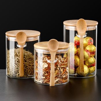 High borosilicate round glass sealed jar seasoning box storage jar coffee beans kitchen supplies storage jar with wooden spoon