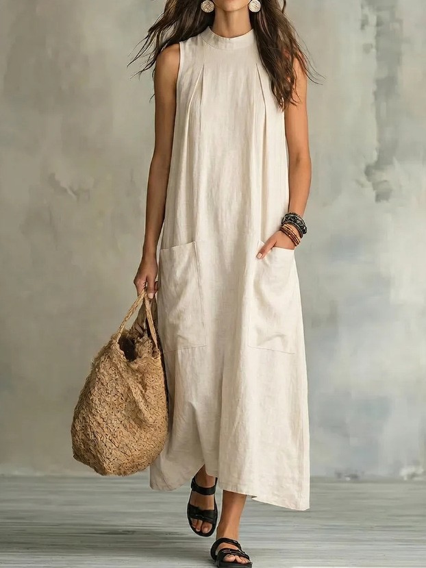 Elegant Sleeveless Round Neck Dress Solid Color Pocket Design Lightweight Fabric Spring Summer Fashion Wholesale